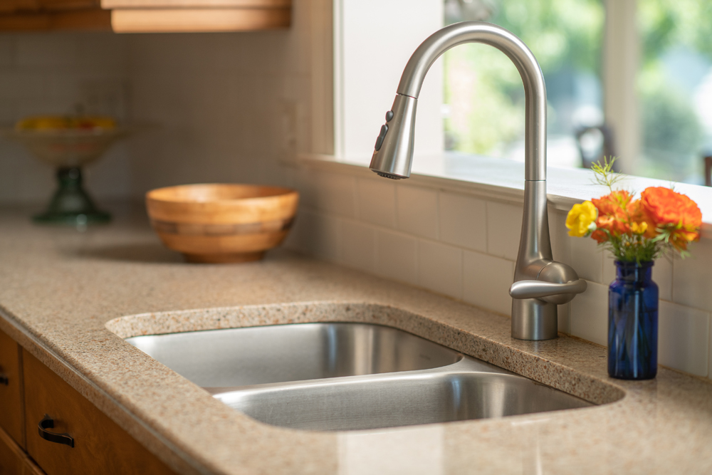 Kitchen sink with flowers in vase