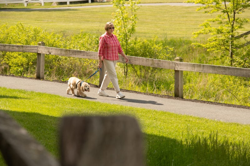 Female resident walking her dog.