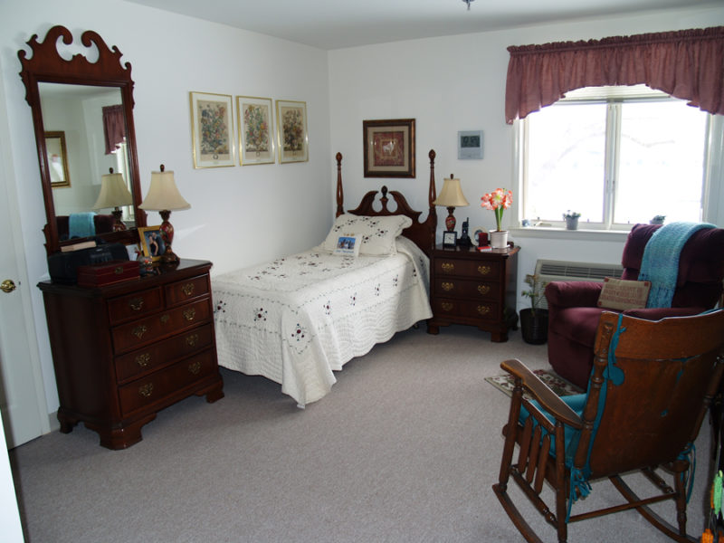Retirement community apartment bedroom.