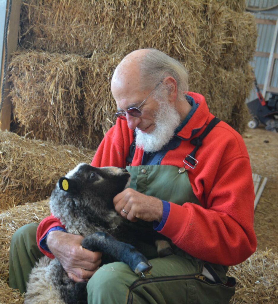 A senior citizen holding a lamb. 