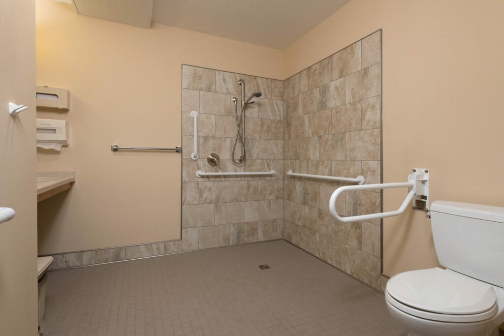 A safe, open shower with many handholds.